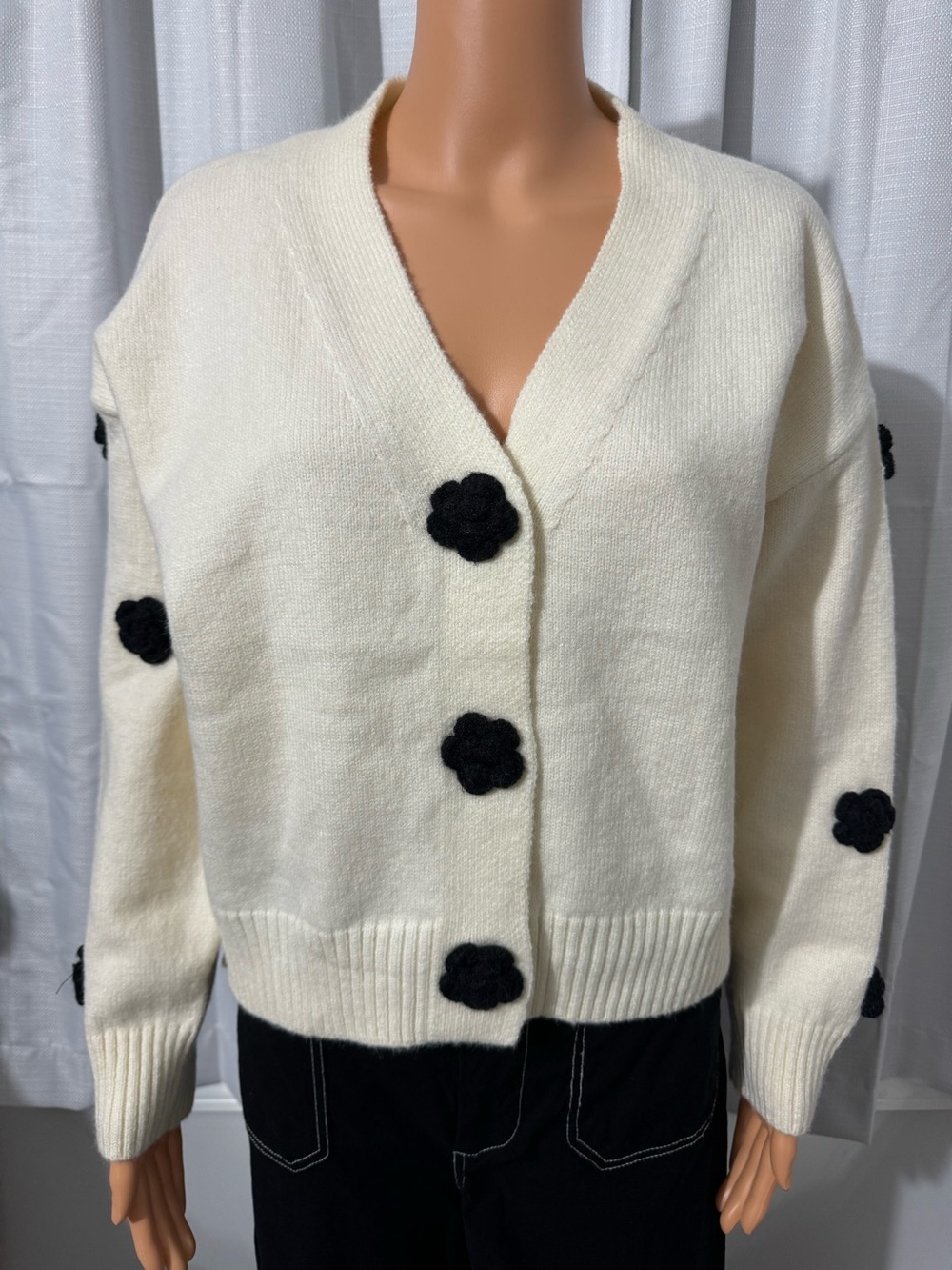 Pretty In The Beginning size S cream black flower button up cardigan sweater